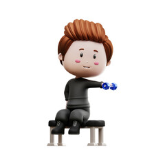 3d rendering of cute boy gym character sitting holding a barbell