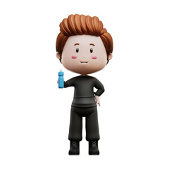 3d rendering of cute character holding a drinking bottle