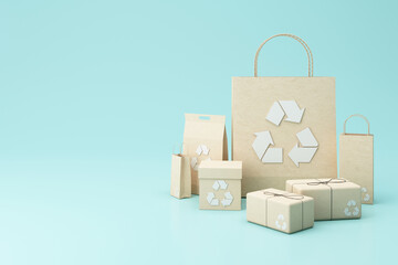 The concept of zero waste and recycling. Use of eco-friendly paper tableware and packaging made from biodegradable materials. on pastel background 3d rendering