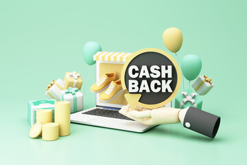 promotion on purchase and special discounts in online shopping surrounded by boxes and cash with refund service cash back financial payment label concept and saving money. pastel background 3d render