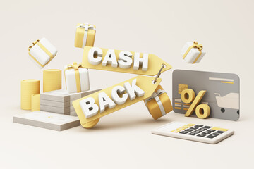 promotion on purchase and special discounts in online shopping surrounded by boxes and cash with refund service cash back financial payment label concept and saving money. pastel background 3d render