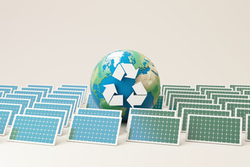 Clean energy concept on World Environment Day or International Day of Forests concept tree and earth globe with solar cell panel with recycle logo symbol. on pastel background 3d rendering.