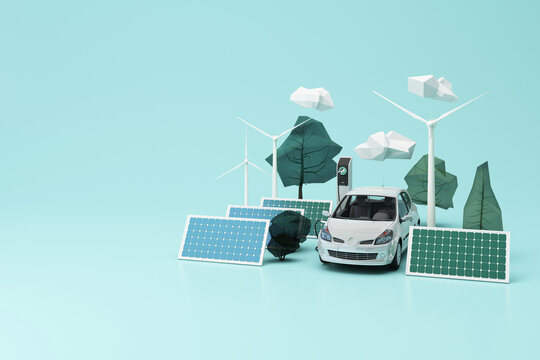 Clean energy concept on World Environment Day or International Day. White car and solar cells In a natural forest surrounded by trees and windmills and electric EV cars 3d rendering.