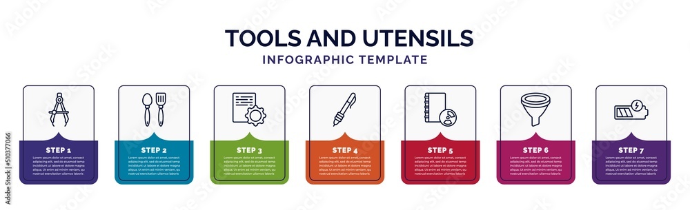 Aufkleber infographic template with icons and 7 options or steps. infographic for tools and utensils concept. 