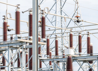 Many high voltage electrical insulators in power substation ,Energy supply to the community