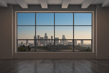 Fototapeta na wymiar Downtown Los Angeles City Skyline Buildings from High Rise Window. Beautiful Expensive Real Estate overlooking. Epmty room Interior Skyscrapers View Cityscape.Sunset California. 3d rendering.
