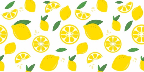 Lemon background. Colorful summer seamless pattern with hand drawn lemons and leaves. Lemon slices simple flat style vector illustration