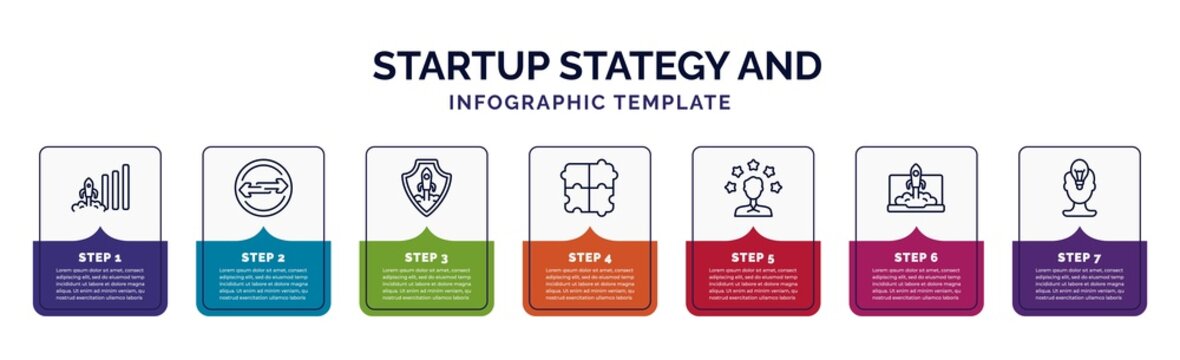 infographic template with icons and 7 options or steps. infographic for startup stategy and concept. included increase, exchanging, startup shield, jigsaw, experience, startup laptop, attitude