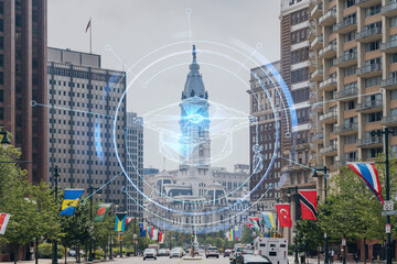 Summer day time cityscape of Philadelphia financial downtown, Pennsylvania, USA. City Hall neighborhood. Technologies and education concept. Academic research, top ranking universities, hologram