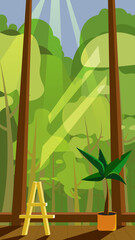 View of the sunny forest from the large window of the room with an easel and a houseplant