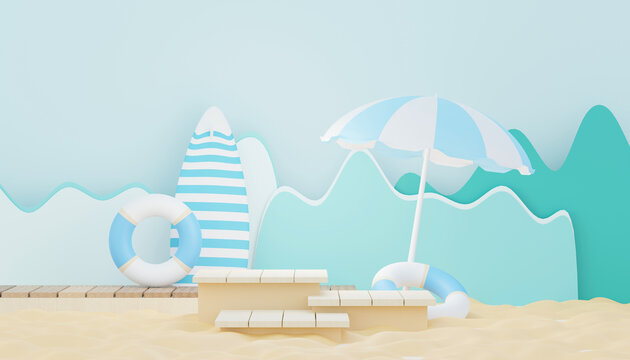 3d render Summer sale podium stand for showing product. Beach Vacations Scene in Summer for mock up.