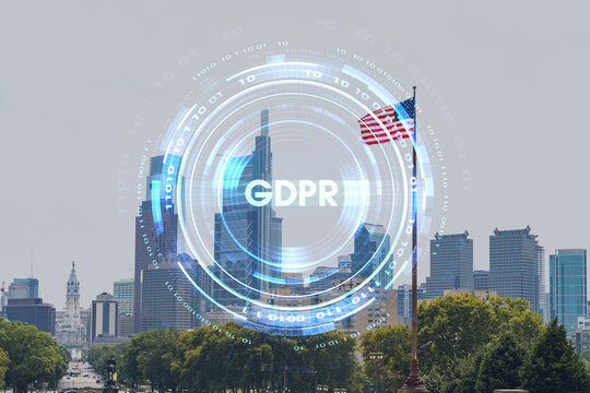 Summer day time cityscape of Philadelphia financial downtown, Pennsylvania, USA. City Hall neighborhood. GDPR hologram, concept of data protection regulation and privacy for all individuals in EU Area