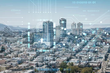 Poster Panoramic cityscape view of San Francisco financial downtown at day time from rooftop, California, United States. The concept of cyber security to protect confidential information, padlock hologram © VideoFlow