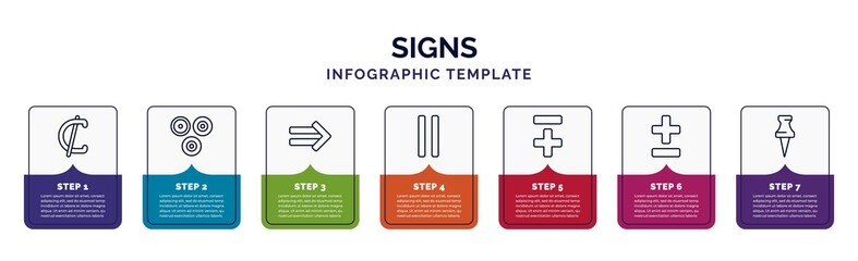 infographic template with icons and 7 options or steps. infographic for signs concept. included is not a sub, because, implies if, is parallel to, less plus, plus less, pinned icons.