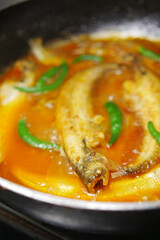 Close up of homemade indian curry fish.