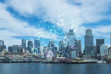 Seattle skyline with waterfront view. Skyscrapers of financial downtown at day time, Washington, USA. Artificial Intelligence concept, hologram. AI, machine learning, neural network, robotics