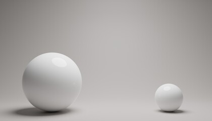3d render of a two white sphere with copy space on a grey background.Digital image illustration.