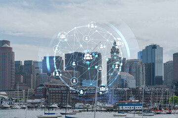 Panorama city view of Boston Harbor at day time, Massachusetts. Buildings of financial downtown. Glowing Social media icons. The concept of networking and establishing new connections between people