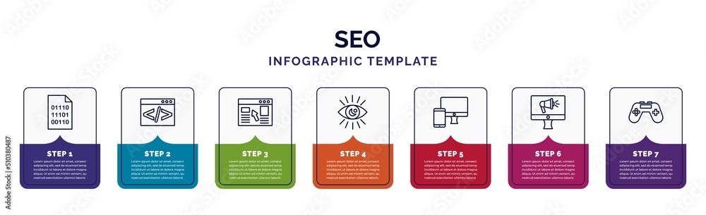 Poster infographic template with icons and 7 options or steps. infographic for seo concept. included binary