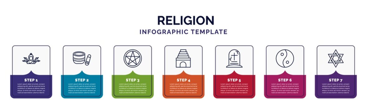 infographic template with icons and 7 options or steps. infographic for religion concept. included shiva, standing bell, satanism, temple, tombstone, taoism, star of david icons.