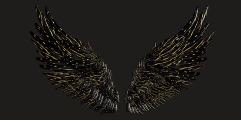 Pair of beautiful black wings isolated on gray background. 3d illustration