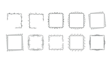 Set Black Simple Line Frame Collection Doodle Square Floral Frame Elements Vector Design Style Sketch Isolated Illustration For Banner