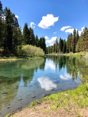 The view of Truckee river on a sunny summer day in North Lake Tahoe, California. Mountain river in Sierra Nevada. West coast vacation destinations. California roadtrip. 