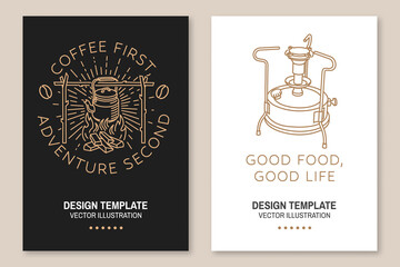 Coffee first, adventure second. Good food good life. Live, love, travel. Camping quote. Vector. Set of Line art flyer, brochure, banner, poster with camping primus, camping kettle, sunburst and forest