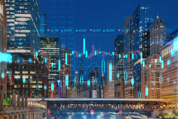 Panorama cityscape of Chicago downtown and Riverwalk, boardwalk, night time, Illinois, USA. Forex candlestick graph hologram. The concept of internet trading, brokerage and fundamental analysis