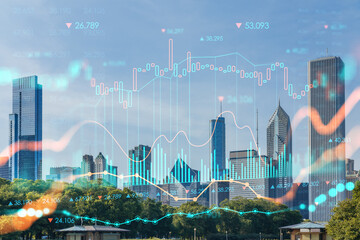 Naklejka na ściany i meble Chicago skyline, Butler Field towards financial district skyscrapers, day time, Illinois, USA. Parks and gardens. Forex graph hologram. The concept of internet trading, brokerage, fundamental analysis