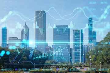 Naklejka na ściany i meble Chicago skyline, Butler Field towards financial district skyscrapers, day time, Illinois, USA. Parks and gardens. Forex graph hologram. The concept of internet trading, brokerage, fundamental analysis