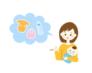 母親が育児グッズに悩んでいるイラスト素材
