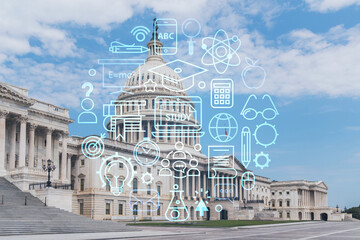 Fototapeta na wymiar Capitol dome building exterior, Washington DC, USA. Home of Congress, Capitol Hill. American political system. Technologies and education concept. Academic research, top ranking university, hologram