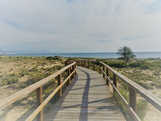Fototapeta na wymiar Pasarela hacia el mar, playa de los Arenales del Sol, Elche