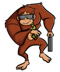 The gorilla is wearing a tie and sunglasses with a cool expression