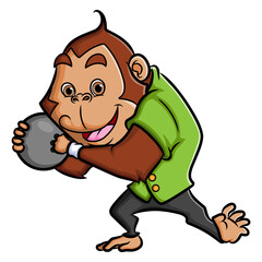 The cute monkey is playing bowling and ready to throw