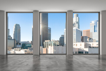 Obraz na płótnie Canvas Downtown Los Angeles City Skyline Buildings from High Rise Window. Beautiful Expensive Real Estate overlooking. Epmty room Interior Skyscrapers View Cityscape. day time. California. 3d rendering.