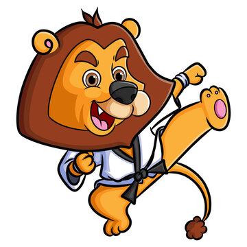 The karate lion is doing the martial arts with a good kick