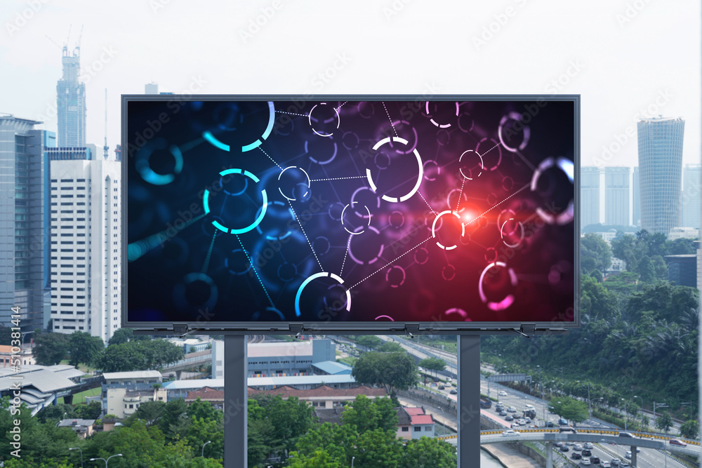 Poster technology hologram on billboard over panorama city view of kuala lumpur. kl is the largest tech hub