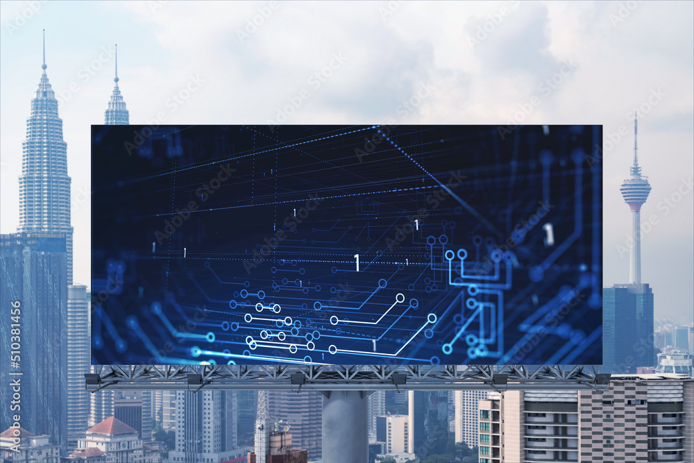 Poster technology hologram on billboard over panorama city view of kuala lumpur. kl is the largest tech hub