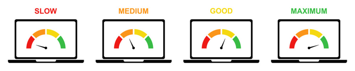 Speed test laptop vector icons set. Indicator from slow to maximum speed. Performance laptop. Speedometer on display. - obrazy, fototapety, plakaty