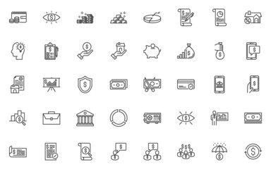 set of finance line icons, money, investment, business, online banking, currency