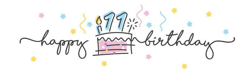 11th Birthday handwritten typography lettering Greeting card with colorful big cake, number, candle and confetti - obrazy, fototapety, plakaty