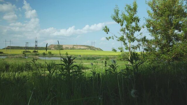 Blooming rapeseed field. On the edge of the field there is a pond. A mothballed city dump is visible on the horizon. Aerial photography.