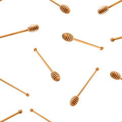 wooden honey spoon isolated on white background, SEAMLESS, PATTERN