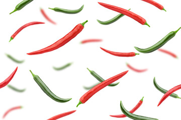 Falling hot chili pepper, isolated on white background, selective focus