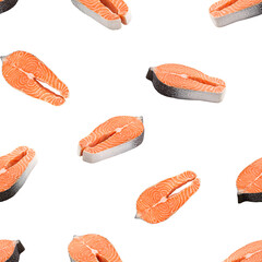 salmon, trout, steak, slice raw fish, isolated on white background, SEAMLESS, PATTERN