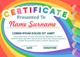 Children's certificate on the background of colored pencils and rainbows. Template for diploma, announcement, certificate of honor, award. Vector