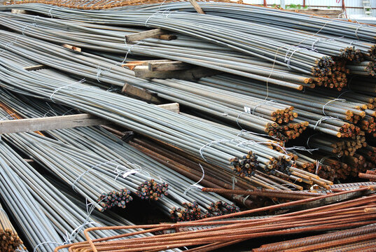 SELANGOR, MALAYSIA -APRIL 30, 2016: Hot rolled deformed steel bars or steel reinforcement bar tied together before cast in the concrete. Its increase the concrete strength. 