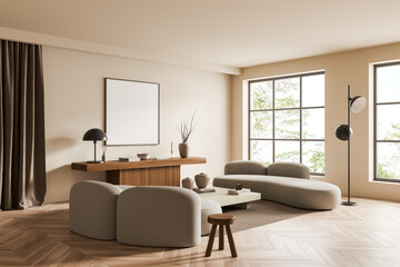 Lounge room interior with couch and decoration, panoramic window and mockup frame